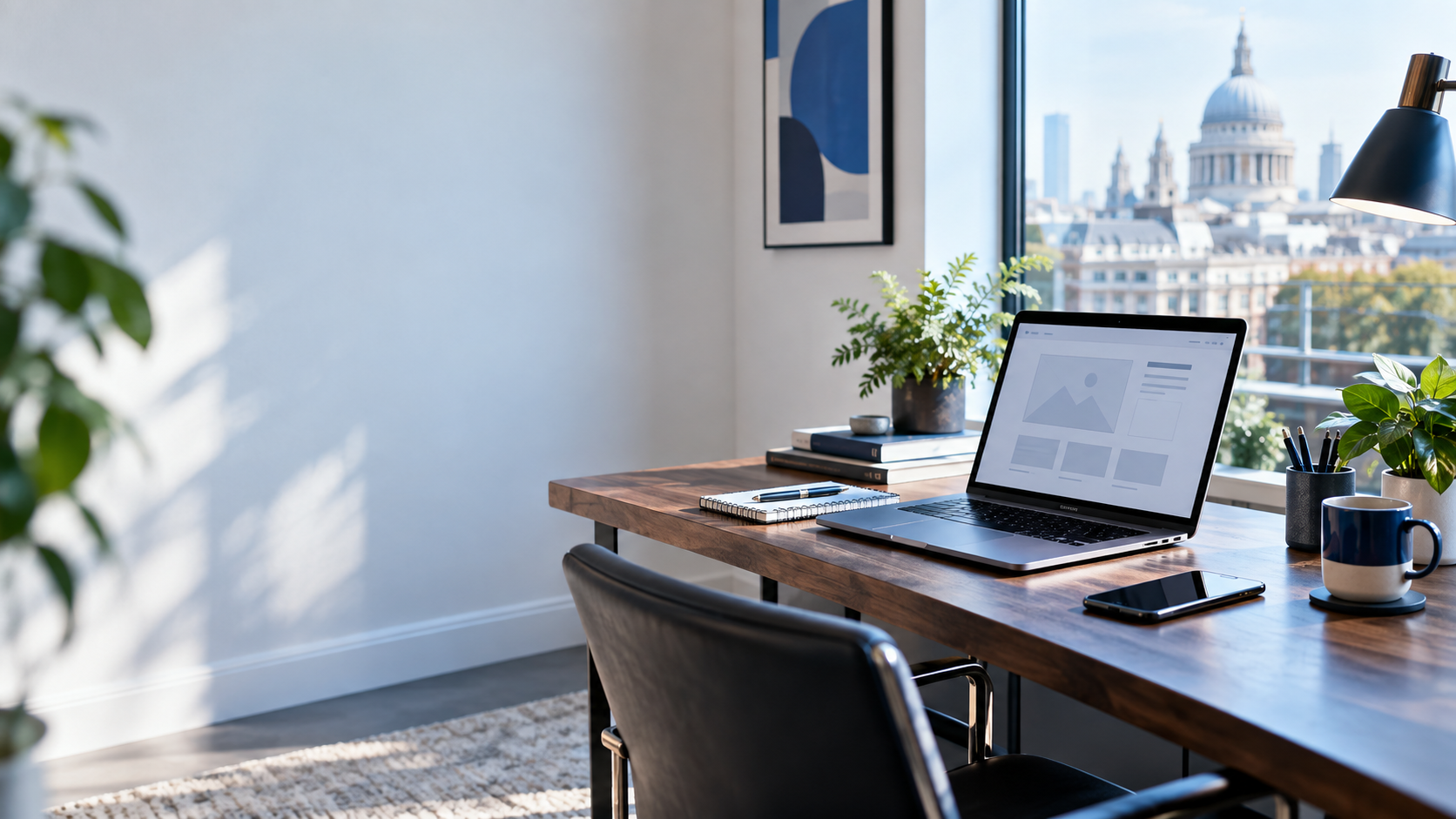 Modern workspace of an independent digital specialist